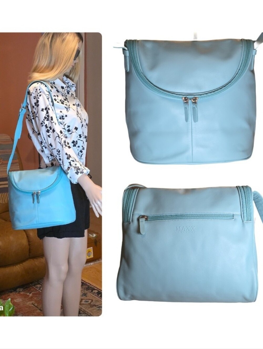 Vintage Maxx New York Premium Leather U-Zip Flap Crossbody Bag - Tiffany Blue /